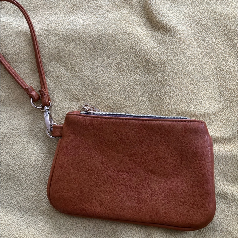Brown Suede Clutch with Wrist Strap and Zipper Closure